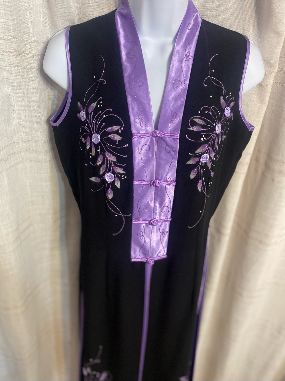 VTG Silver Dragon Chiffon Ao Dai Tunic Pants Set Purple Floral Y2K Fits Small - Picture 8 of 16